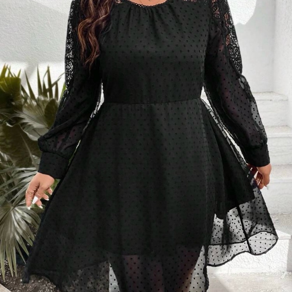 Black Swiss Dot Long Sleeve Dress 2XL